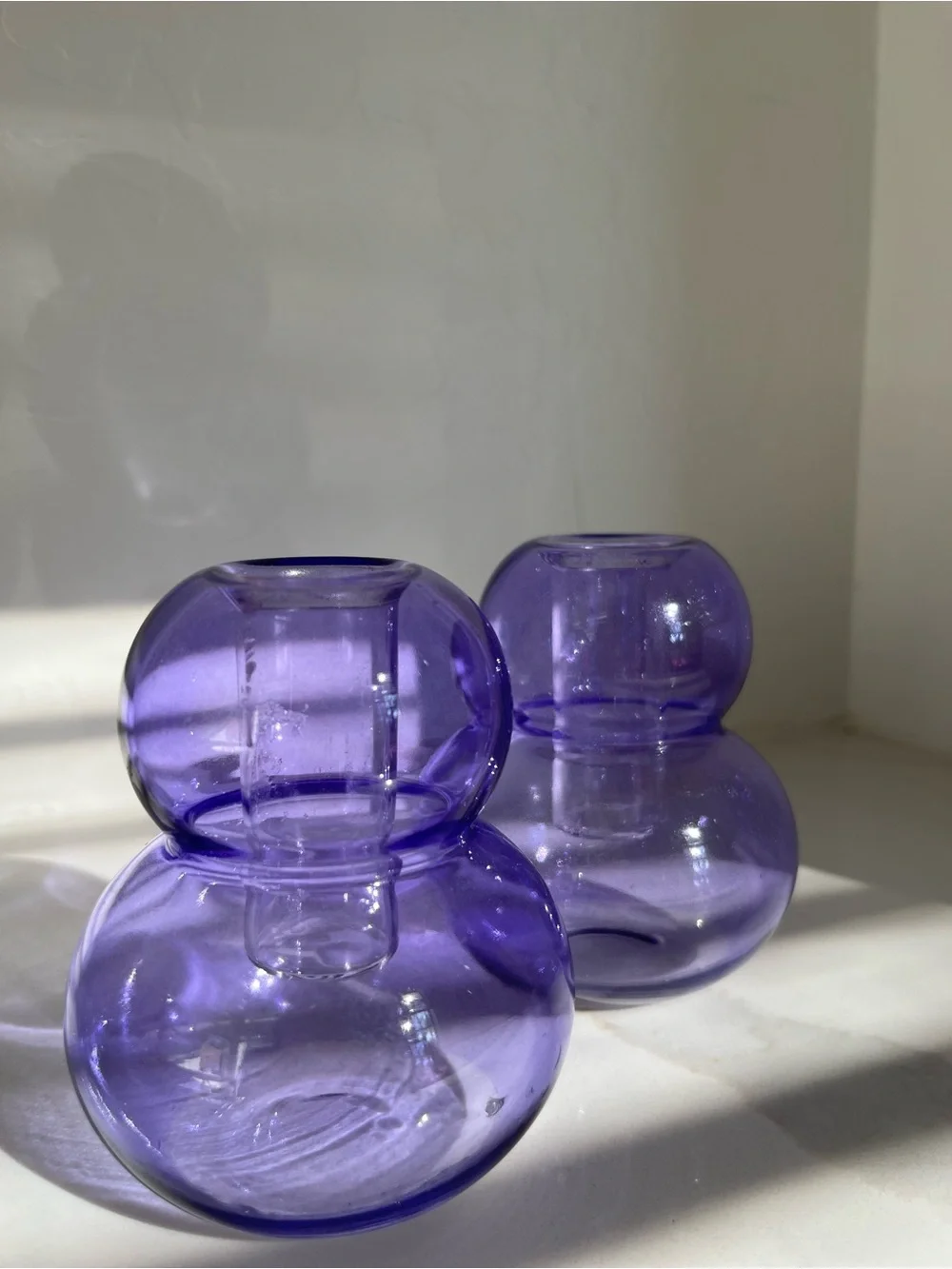 Purple Glass Taper Candle Holders Set of 2 Sculptural Violet Double-bulb Shape